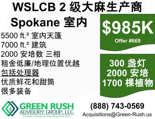 300-Light Spokane Area I-502 / WSLCB Cannabis Producer, Tier 2/ Cannabis Processor For Sale-SC, Offer #669
