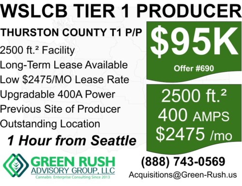 Yelm I-502/WSLCB Tier 1 Cannabis Producer/Processor For Sale, Offer #690