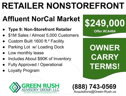 Northern California Type 9 Cannabis Retailer Nonstorefront For Sale, Offer #CA464
