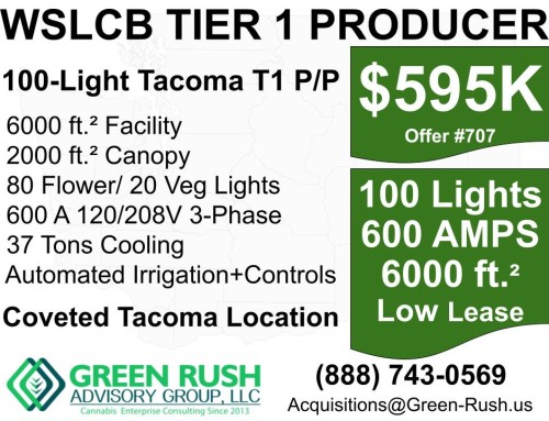 100-Light Tacoma WSLCB Tier 1 Cannabis Producer Processor For Sale, Offer #707
