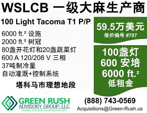 100-Light Tacoma WSLCB Tier 1 Cannabis Producer Processor For Sale, Offer #707C